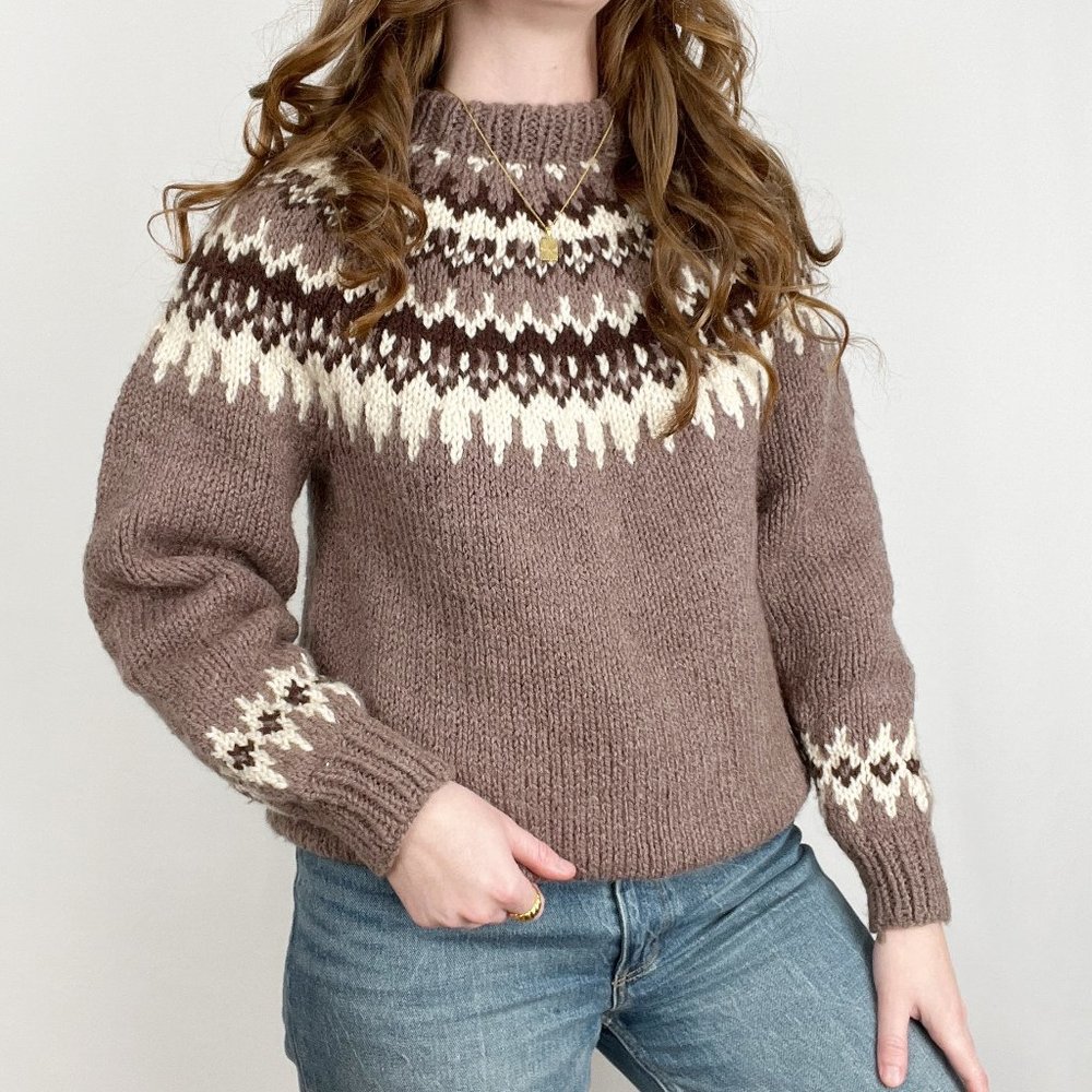 Vintage Fair Isle Handmade Wool Sweater Oversized Nordic Chunky Knit Crew Neck
